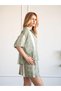 Women's Green Shirt Shorts Set Ethnic Patterned Lace-Up Waist Short Sleeve - 6