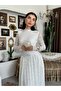 Women's Ecru Lace Midi Dress High Neck Long Sleeve Gathered Flared Cut - 7