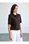 Women's Coffee Color Polo Collar Padded Short Sleeve Buttoned Regular Fit Blouse - 2