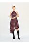 Women's Plum Plaid Patterned Halter Neck Lace Detailed Asymmetrical Midi Dress - 3