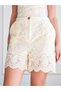 Women's Cream Lace Look City Short High Waist Pocketed Buttoned Short Textured Shorts - 6