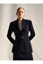 Women's Navy Blue Padded Blazer Jacket with Collar, Belt, Buttons, Long Sleeves, Woven - 6
