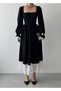 Women's Black Midi Dress Square Neck Gathered Waist Lace Detailed Long Balloon Sleeves - 2