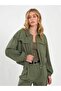 Women's Khaki Crop Bomber Jacket with Zipper Pockets, Elastic Waist, Long Sleeves, Plain - 3