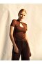 Women's Coffee Color Short Sleeve High Collar Chinese Closure Chest Cutout Knitted Blouse - 2