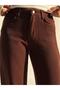 Women's Coffee Color Flat Leg High Waist Woven Lyocell Trousers with Pockets