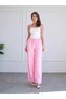 Women's Pink Linen Trousers with Elastic Waist, Lace-Up, Side Pockets, Straight Leg, Summer Style - 2
