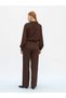 Women's Coffee Satin Textured Belted High Waist Straight Leg Long Pants - 4