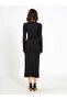 Women's Black Front Draped Accessory Detailed Slit Long Sleeve Midi Dress