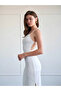 Women's Ecru Dress with Straps, Square Neckline, Backless, Slit, Midi Knitted - 4