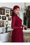 Women's Burgundy Lace Midi Dress High Neck Long Sleeve Gathered Flared Cut - 7