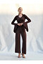 Women's Coffee Color V-Neck Front Gathered Flounce Sleeve Long Sleeve Slim Fit Blouse
