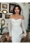 Women's White Lace Midi Dress Strappy Off Shoulder Long Sleeve Draped