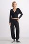 Women's V-Neck Draped Blouse with Waist Tie - Black - 2