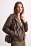 Women's Double-Breasted Collared Buttoned Leather Jacket - Bitter Brown