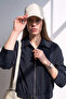 Women's Oversized Zippered Jacket with Belted Hem - Navy Blue