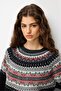 Women's Crew Neck Robe Jacquard Wool Sweater Black - 3
