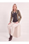 Women's Khaki Faux Leather and Lycra Cotton Fabric Combination Zippered Jacket - 5