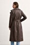Women's Leather Look Trench Coat - Bitter Brown - 4