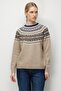 Women's Crew Neck Robe Jacquard Wool Sweater Dark Beige - 4