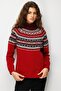 Women's Full Turtleneck Robe Jacquard Wool Sweater Dark Red