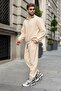 Beige Zipper Detailed Stand Collar Fleece Men's Tracksuit Set E7372 - 4