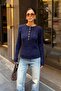 Women's Navy Blue Crew Neck Buttoned Ultra Soft Knitwear Sweater - 6