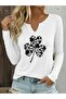 Printed Cotton Half V-Neck Long Sleeve Blouse T-Shirt