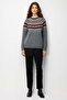 Women's Crew Neck Robe Jacquard Wool Sweater Smoked - 4