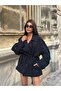 Women's Black Double Button Oversized Short Trench Coat with Tie Detail - 5