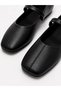 Women's Black Leather Strappy Ballerinas with Gold Buckle, Square Toe, Daily Stylish and Comfortable Ballerinas - 3