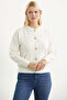 Buttoned Crew Neck Knit Cardigan - Bone - 2