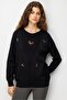 Women's Crew Neck Diamond Pattern Floral Embroidered Knitwear Sweater Black - 3