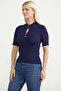 Drop Collar Short Sleeve Knitwear Sweater - Navy Blue - 3