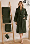 Eldy Women's Bathrobe Set 4 Pieces, 100% Cotton Certified Striped Shawl Collar Women's Bathrobe Set - Green