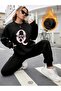 طقم بدلة رياضية نسائية كبيرة الحجم مطبوعة من Queen Baskılı Alt Top Crew Neck Boyfirend