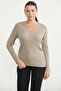Ribbed V-Neck Knit Sweater - Beige - 2