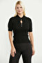 Drop Collar Short Sleeve Knitwear Sweater - Black - 2