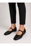 Women's Black Leather Strappy Ballerinas with Gold Buckle, Square Toe, Daily Stylish and Comfortable Ballerinas - 5