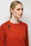Women's Crew Neck Raglan Sleeve Embroidered Wool Sweater V.Kiremit - 3