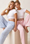 Pink Blue 2-Piece Plaid Patterned Soft Tuşe Winter Knitted Single Bottom Pajama Bottoms 8074 - 3