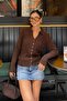 Women's Brown Polo Collar Buttoned Premium Soft Knitwear Cardigan - 5