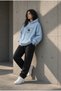 Rose Mood Women's Blue 3 Thread Oversize Sweatshirt Wide Leg Tracksuit Set with Rose Print - 2