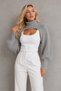 Women's High-Neck Long Sleeve Balloon Sleeve Modern Design Textured Stylish Casual Gray Knitwear Neck Collar Bolero - 5