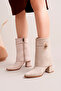 Beige Suede Gold Buckle Detailed Thick Heeled Collared Boots