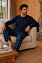 Combed Cotton Knitted Cotton Men's Long Sleeve Placketed Fileto Embroidered Pocketed Navy Blue Pajama Set