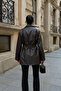 Women's Double-Breasted Collar Belted Faux Leather Short Trench Jacket - Brown - 4