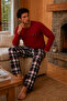 Combed Cotton Knitted Cotton Men's Long Sleeve Buttoned Fileto Embroidered Pocketed Burgundy Pajama Set