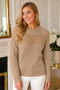 Women's Round Neck Long Sleeve Front and Back Lace Detailed Openwork Soft Comfortable Fit Camel Knitwear Sweater - 5