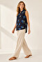 Women's Navy Blue Floral Patterned Plaid Sleeveless Shirt - 4
